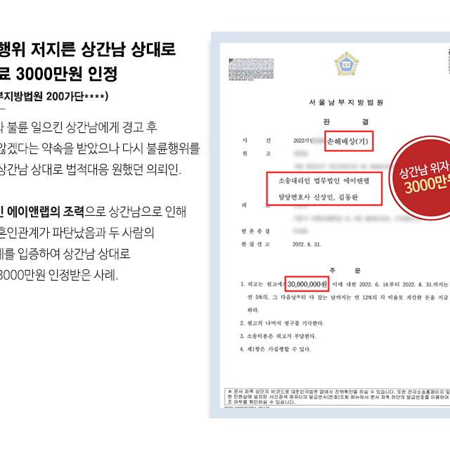 아내와 만남 금지 약속을 어기고 다시 불륜 저지른 상간남 상대로 3000만원 위자료 인정 판결
